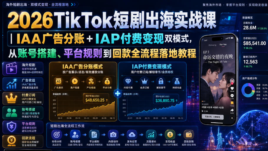 2026TikTok短剧出海实战课｜IAA广告分账+IAP付费变现双模式，从账号搭建、平台规则到回款全流程落地教程-宝藏屋创业网