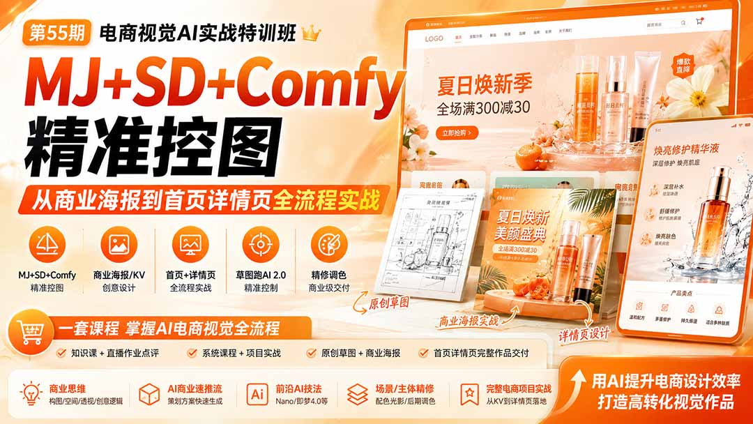 电商视觉 AI实战训练营第55期：MJ+SD+Comfy精准控图，从商业海报到首页详情页全流程实战-宝藏屋创业网