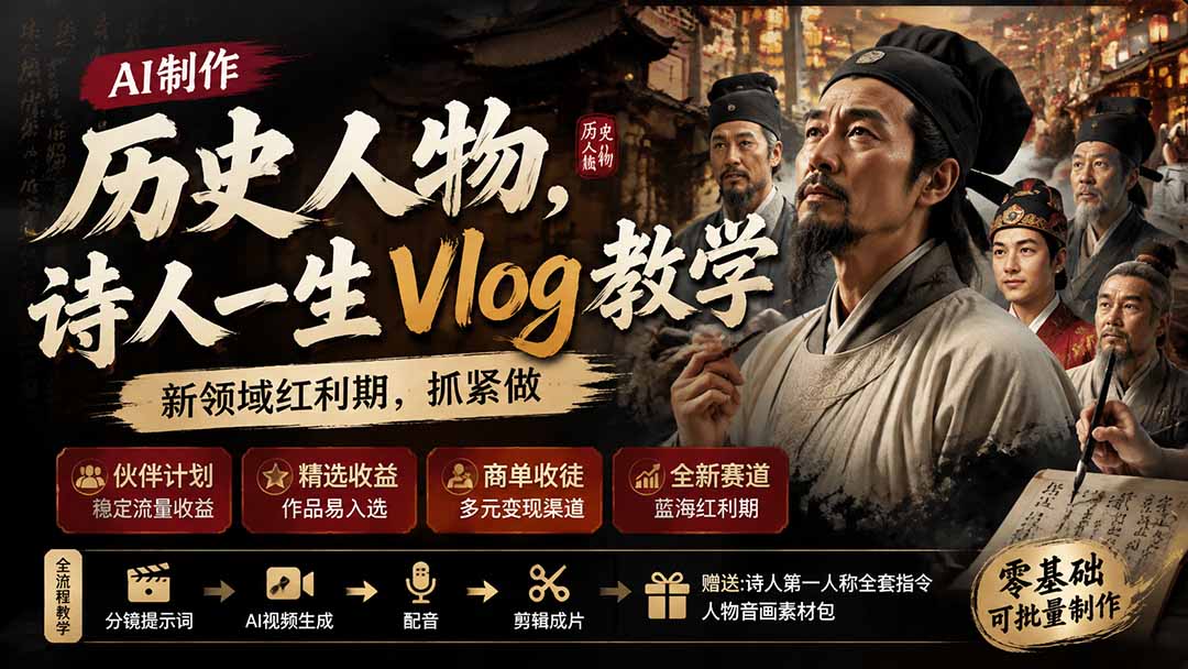 图片[2]-历史人物，诗人一生Vlog教学， AI制作丨伙伴计划丨精选收益丨商单收徒 ，新领域红利期，抓紧做-宝藏屋创业网