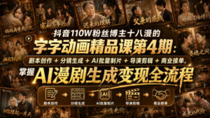 抖音110W粉丝博主十八漫的字字动画精品课第4期:剧本创作+分镜生成+剪辑+商业接单,掌握AI漫剧生成变现全流程-宝藏屋创业网