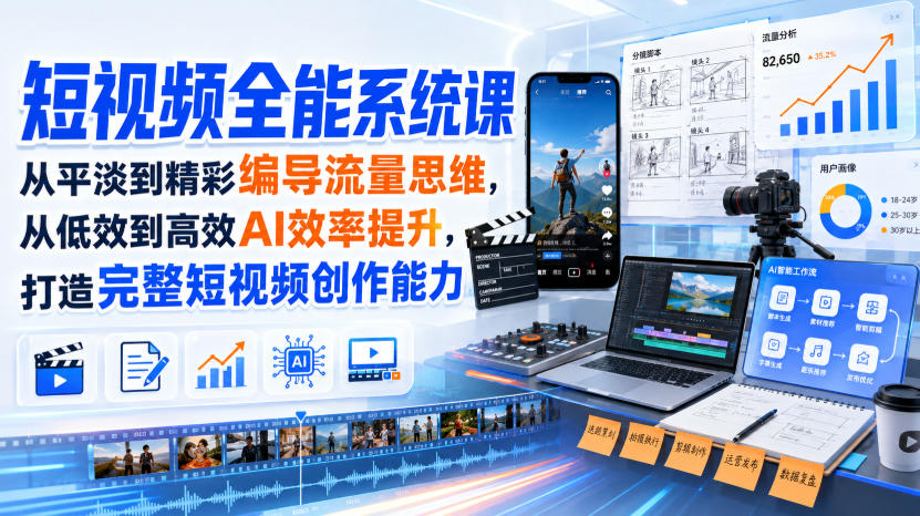 短视频全能系统课，从平淡到精彩编导流量思维，从低效到高效AI效率提升，打造完整短视频创作能力（2026年8月30更新233集）-宝藏屋创业网