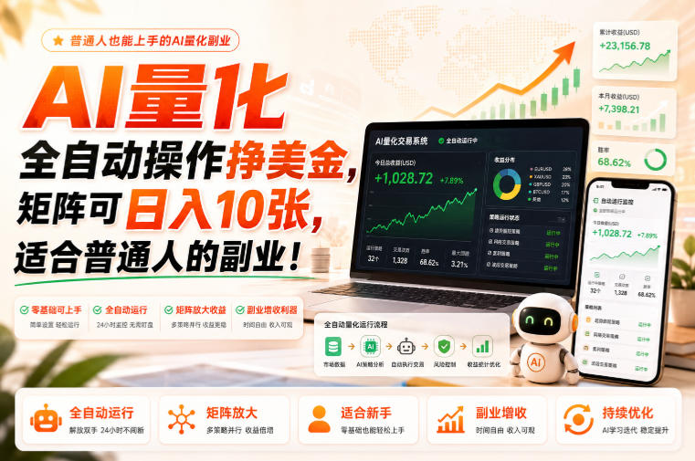 AI量化全自动操作挣美金，矩阵可日入10张，适合普通人的副业！【揭秘】-宝藏屋创业网