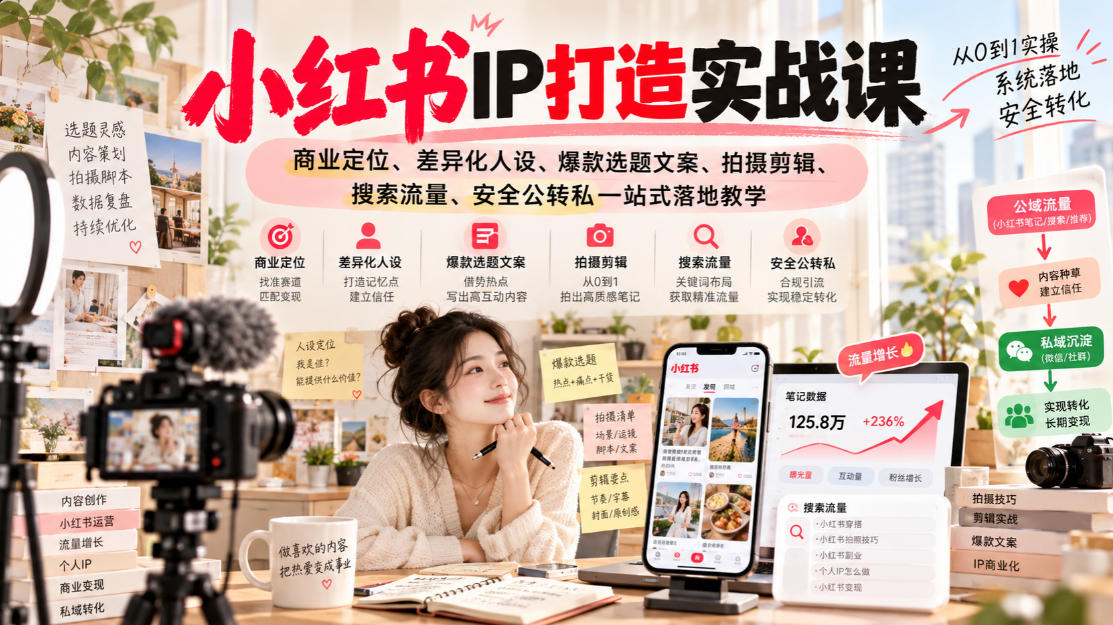 小红书ip打造实战课，商业定位、差异化人设、爆款选题文案、拍摄剪辑、搜索流量、安全公转私一站式落地教学-宝藏屋创业网