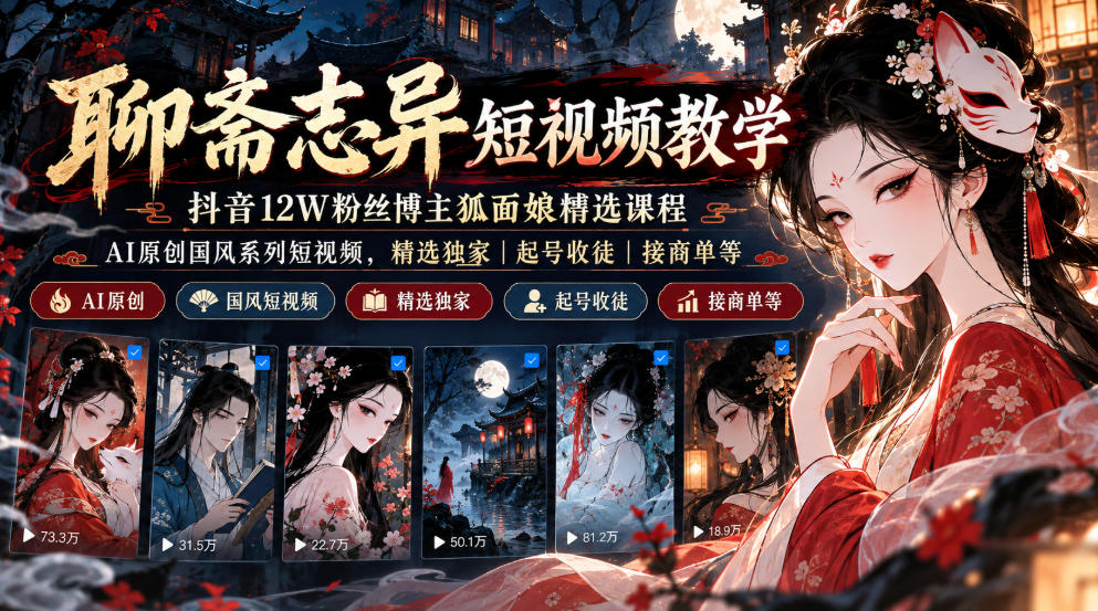 聊斋志异短视频教学，抖音12W粉丝博主狐面娘精选课程，AI原创国风系列短视频，精选独家丨起号收徒丨接商单等-宝藏屋创业网
