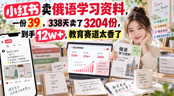 小红书卖俄语学习资料，一份39，338天卖了3204份，到手12w+，教育赛道太香了-宝藏屋创业网