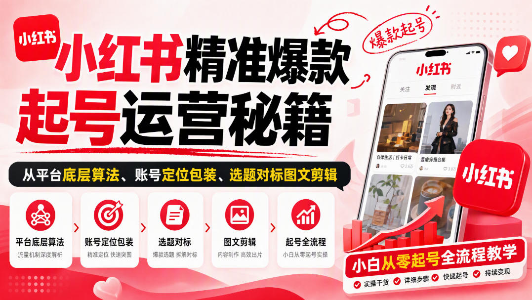 小红书精准爆款起号运营秘籍，从平台底层算法、账号定位包装、选题对标图文剪辑，小白从零起号全流程-宝藏屋创业网