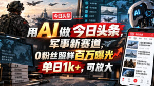 用AI做今日头条,军事新赛道,0粉丝照样百万曝光,单日1k+,可放大-宝藏屋创业网