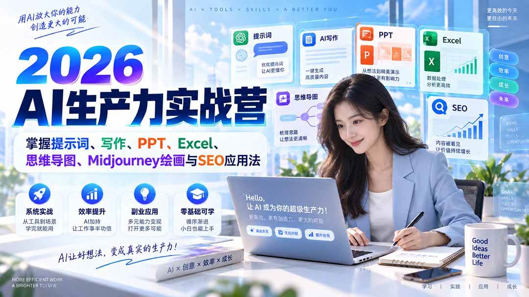 （20307期）2026AI生产力实战营：掌握提示词、写作、PPT、Excel、思维导图、Midjourney绘画与SEO应用法-宝藏屋创业网