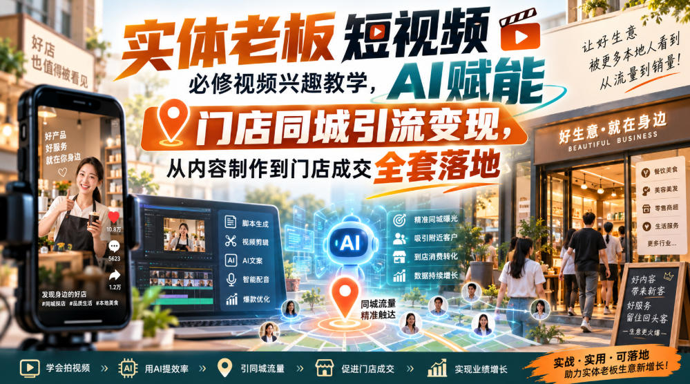 实体老板短视频必修视频兴趣教学，AI赋能门店同城引流变现，AI+短视频+直播打爆实体客流量-宝藏屋创业网