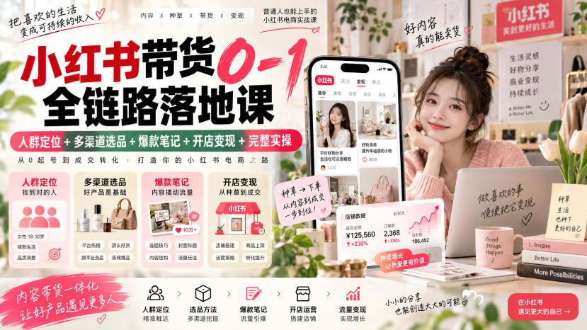 小红书带货0-1全链路落地课｜人群定位+多渠道选品+爆款笔记+开店变现完整实操-宝藏屋创业网