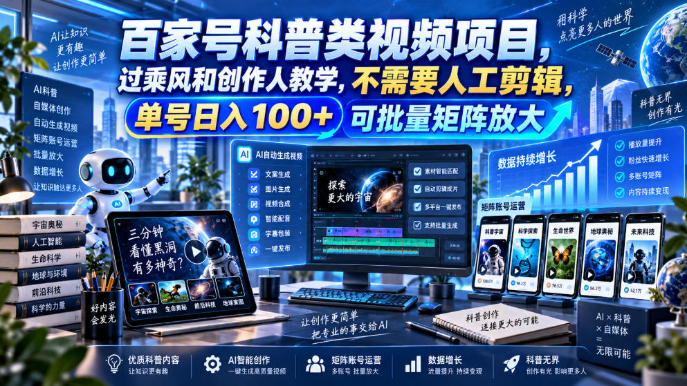 百家号科普类视频项目,过乘风和创作人教学,不需要人工剪辑,单号日入100+可批量矩阵放大 百家号科普类视频项目,过乘风和创作人教学,不需要人工剪辑,单号日入100+可批量矩阵放大