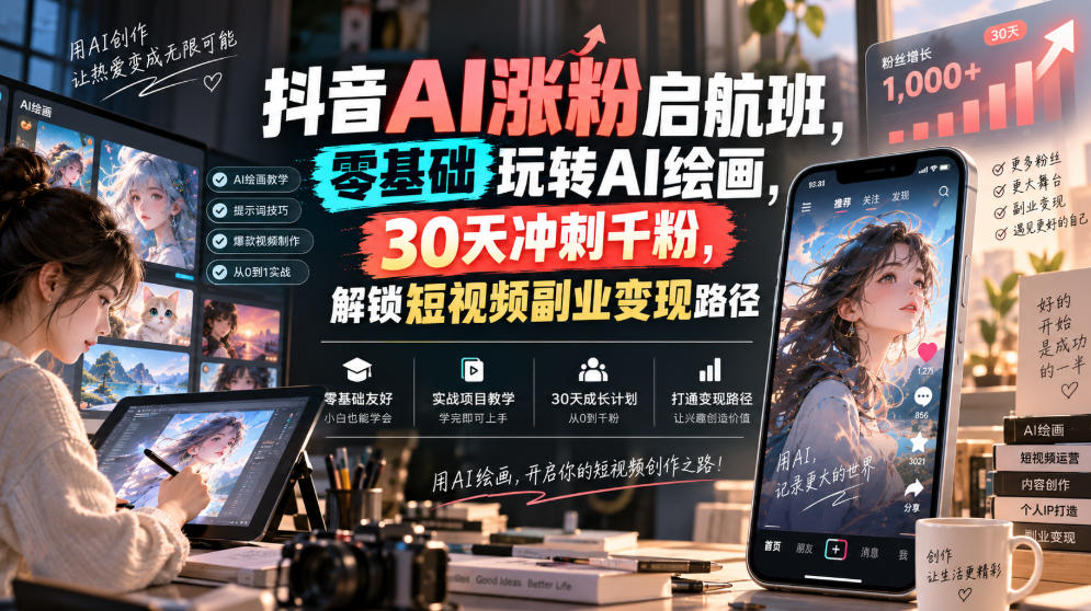 抖音AI涨粉启航班，零基础玩转AI绘画，30天冲刺千粉，解锁短视频副业变现路径-宝藏屋创业网