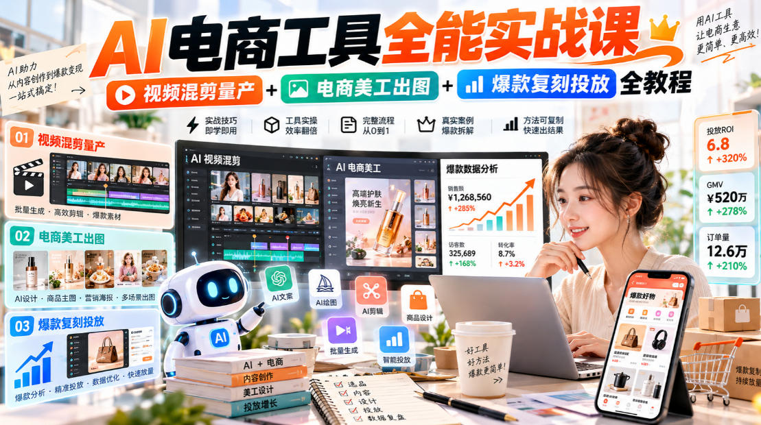 AI电商工具全能实战教学,视频混剪量产+电商美工出图+爆款复刻投放全教程 AI电商工具全能实战教学,视频混剪量产+电商美工出图+爆款复刻投放全教程