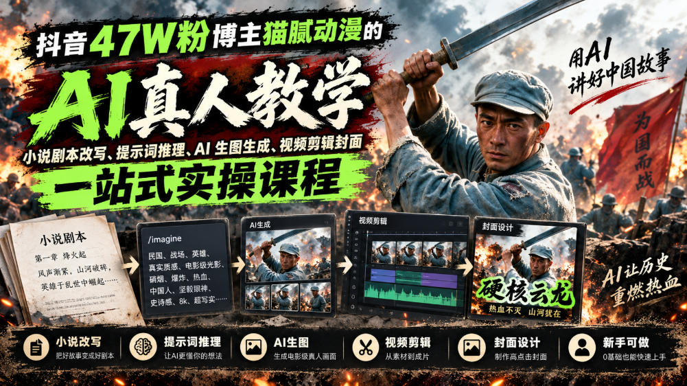 抖音47W粉博主猫腻动漫的AI真人漫剧教学，小说剧本改写、提示词推理、AI生图生成、视频剪辑封面一站式实操课程-宝藏屋创业网