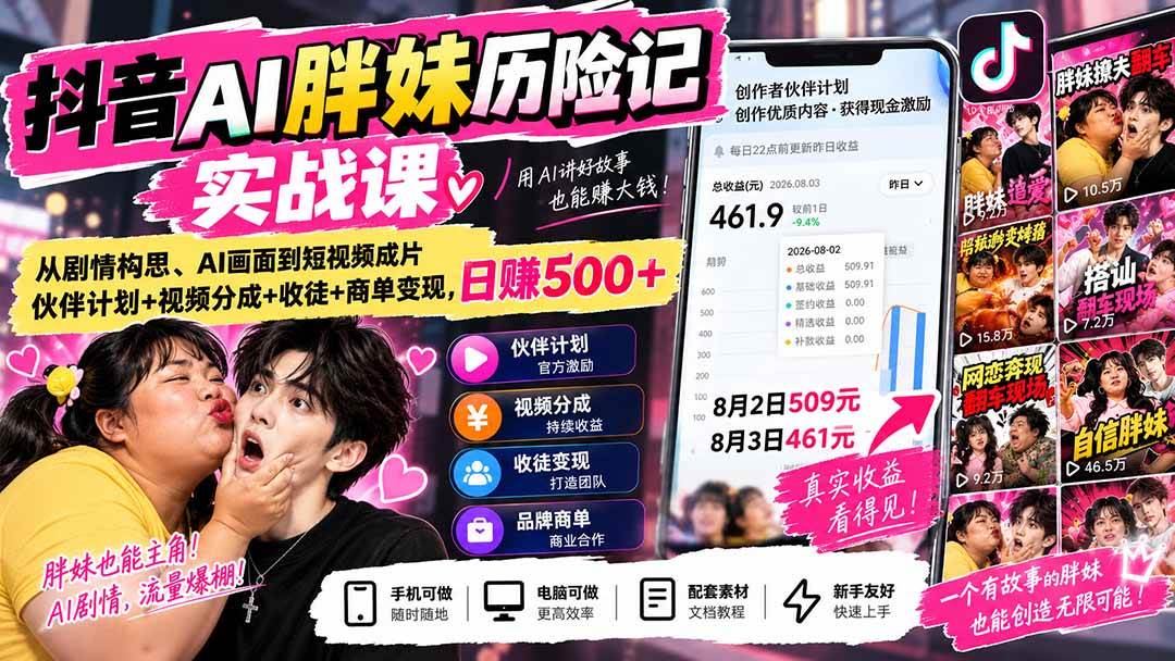 （20489期）抖音AI胖妹历险记实战课：从剧情构思、AI画面到短视频成片，伙伴计划+视频分成+收徒+商单变现，日赚500+-宝藏屋创业网