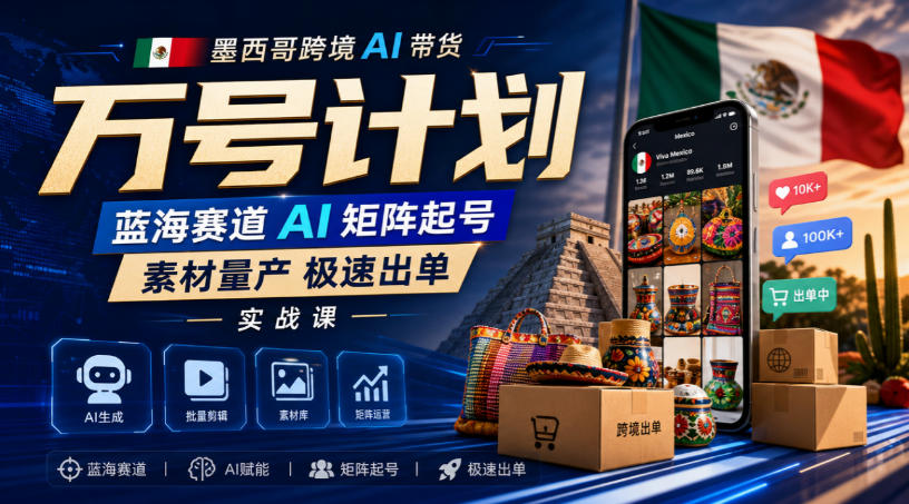 墨西哥跨境AI带货万号计划，蓝海赛道AI矩阵起号，素材量产极速出单实战课-宝藏屋创业网