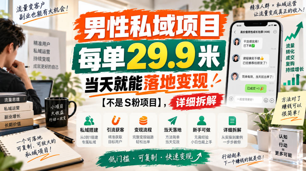 男性私域项目，每单29.9米，当天就能落地变现【不是S粉项目】，详细拆解-宝藏屋创业网