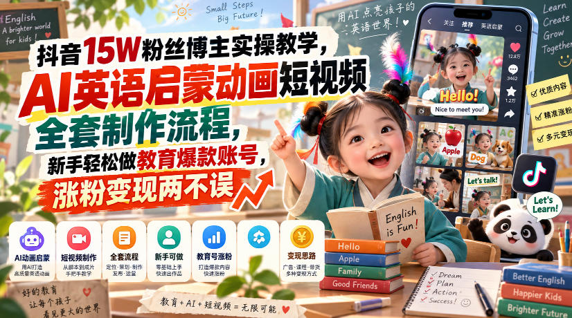 抖音15W粉丝博主实操教学,AI英语启蒙动画短视频全套制作流程,新手轻松做教育爆款账号,涨粉变现两不误 抖音15W粉丝博主实操教学,AI英语启蒙动画短视频全套制作流程,新手轻松做教育爆款账号,涨粉变现两不误
