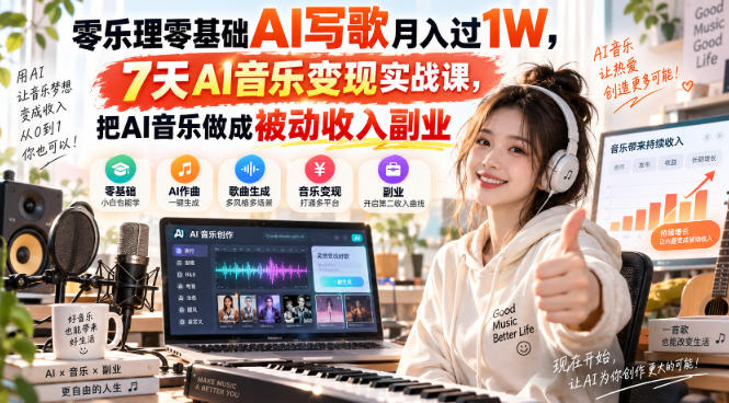 零乐理零基础AI写歌月入过1W，7天AI音乐变现实战课，把AI音乐做成被动收入副业-宝藏屋创业网