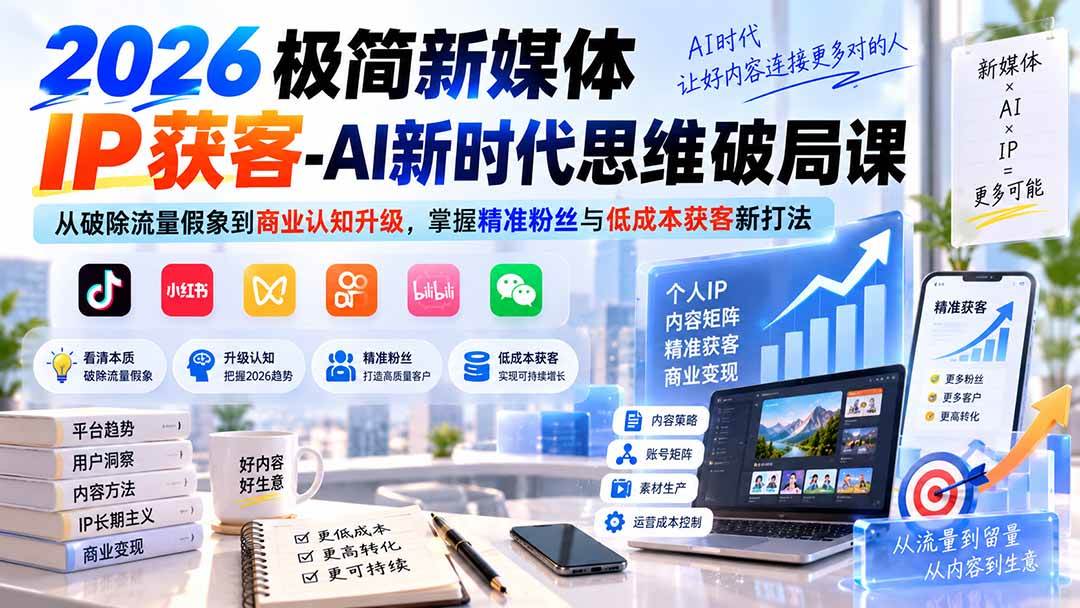 （20272期）2026极简新媒体IP获客-AI新时代思维破局课：从破除流量假象到商业认知升级，掌握精准粉丝与低成本获客新打法-宝藏屋创业网