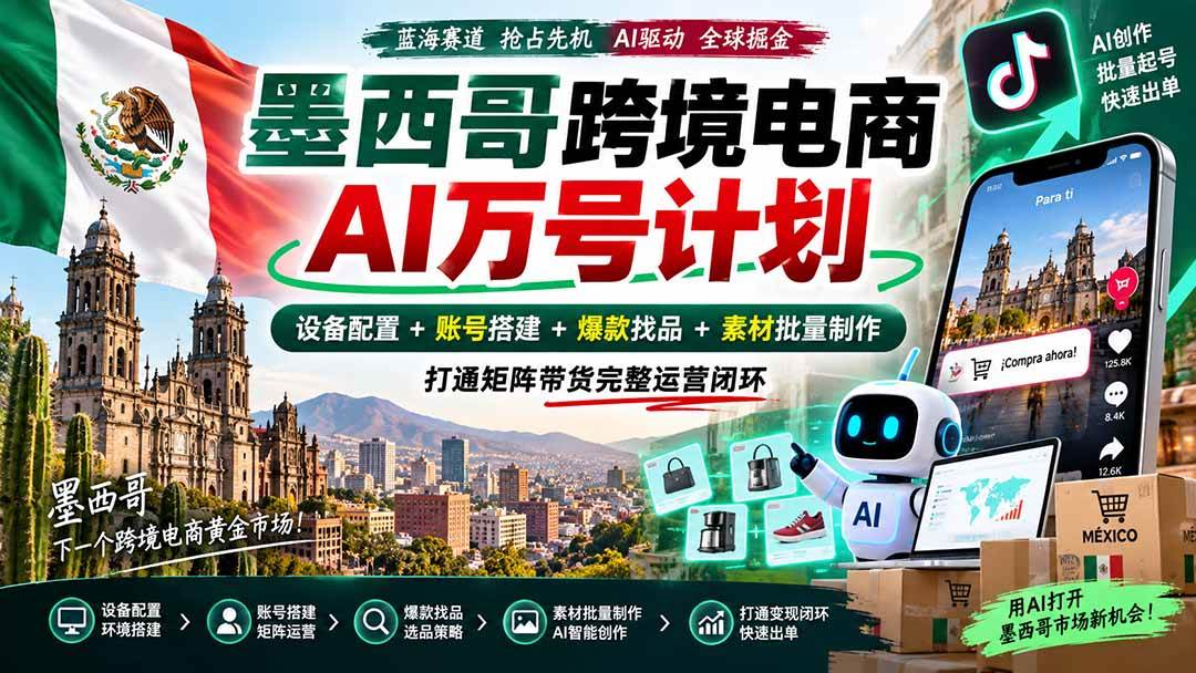 （20500期）墨西哥AI跨境电商万号计划｜设备配置+账号搭建+爆款找品+素材批量制作，打通矩阵带货完整运营闭环-宝藏屋创业网