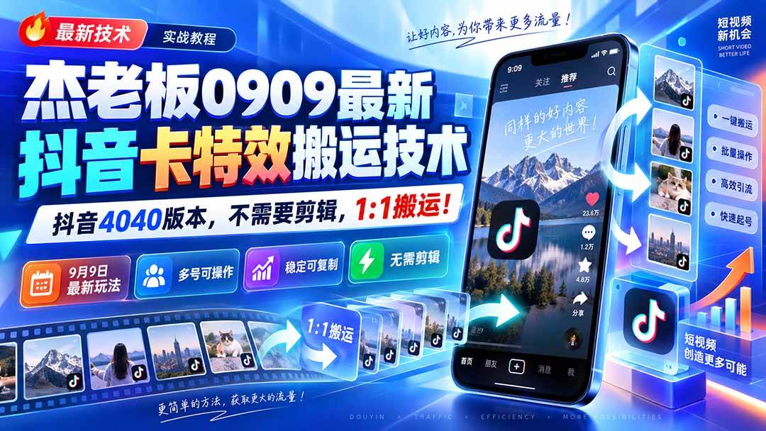 （20369期）杰老板0909最新抖音卡特效搬运技术，抖音4040版本，不需要剪辑，1:1搬运！-宝藏屋创业网