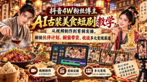 抖音4W粉丝博主AI古装美食短剧教学,从视频制作到剪辑实操,解锁伙伴计划、橱窗带货、收徒多元变现渠道-宝藏屋创业网