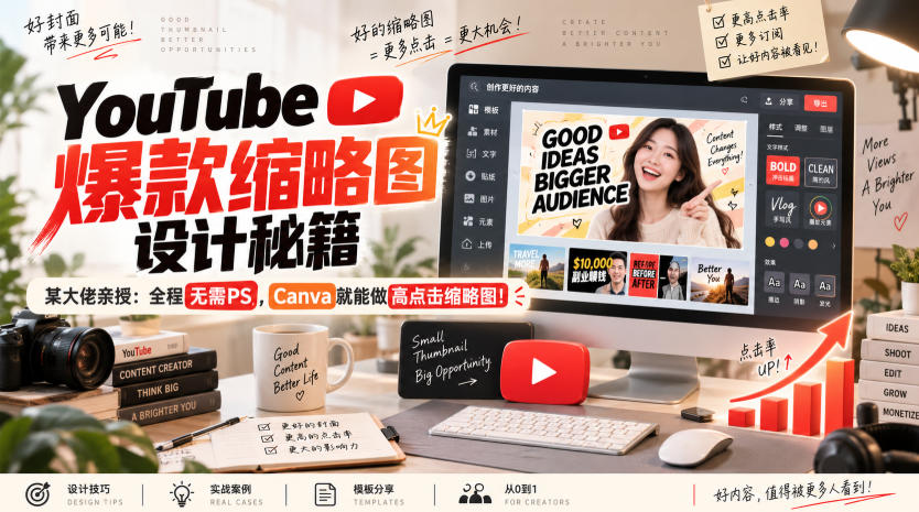 YouTube爆款缩略图设计秘籍，某油管大佬（610万订阅者）亲授，全程无需PS，Canva就能做高点击缩略图！【原创双语字幕】-宝藏屋创业网