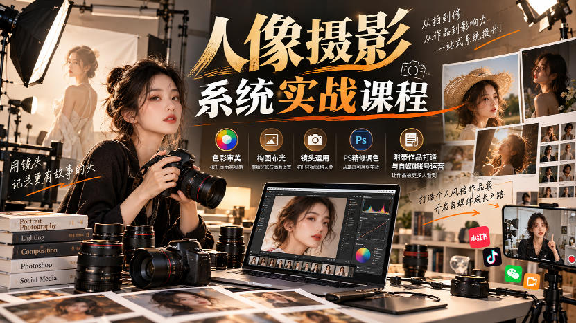 【无水印】人像摄影系统实战课程，色彩审美、构图布光、镜头运用、PS精修调色，附带作品打造与自媒体账号运营-宝藏屋创业网