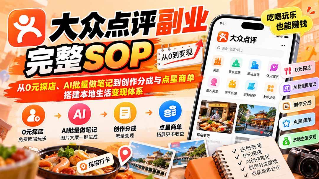 （20638期）【无水印】大众点评副业完整SOP：从0元探店、AI批量做笔记到创作分成与点星商单，搭建本地生活变现体系-宝藏屋创业网