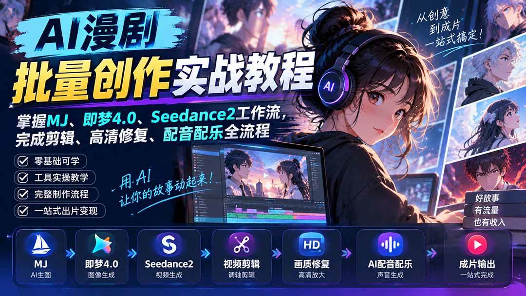 （20488期）AI漫剧批量创作实战教程：掌握MJ、即梦4.0、Seedance2工作流，完成剪辑、高清修复、配音配乐全流程-宝藏屋创业网