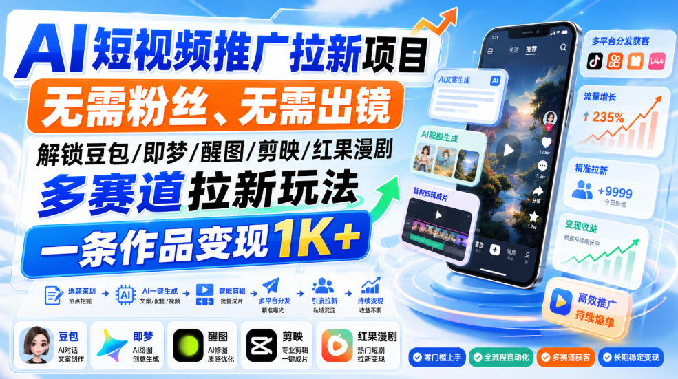 AI短视频推广拉新项目，无需粉丝、无需出镜，解锁豆包/即梦/醒图/剪映/红果漫剧多赛道拉新玩法，一条作品变现1K+（更新0910）-宝藏屋创业网