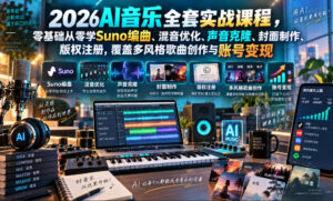 2026AI音乐实战课程，零基础从零学Suno编曲、混音优化、声音克隆、版权注册，覆盖多风格歌曲创作与账号变现-宝藏屋创业网