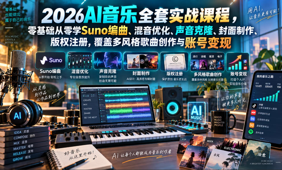 2026AI音乐实战课程，零基础从零学Suno编曲、混音优化、声音克隆、版权注册，覆盖多风格歌曲创作与账号变现-宝藏屋创业网