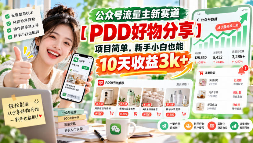 公众号流量主新赛道【PDD好物分享】，项目简单，新手小白也能10天收益3k+-宝藏屋创业网