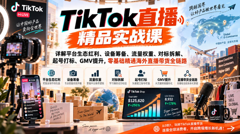TikTok直播精品实战课，详解平台生态红利、设备筹备、流量权重、对标拆解、起号打标、GMV提升，零基础精通海外直播带货全链路-宝藏屋创业网