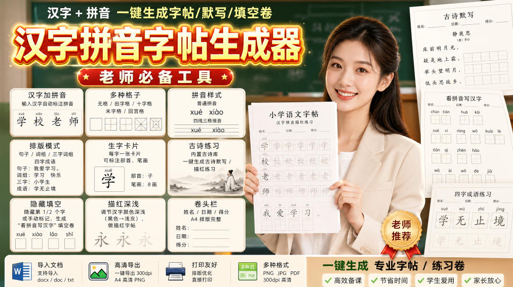 学习神器，汉字拼音字帖生成器，汉字+拼音 一键生成字帖/默写/填空卷，支持词组、成语，老师、家长必备-宝藏屋创业网