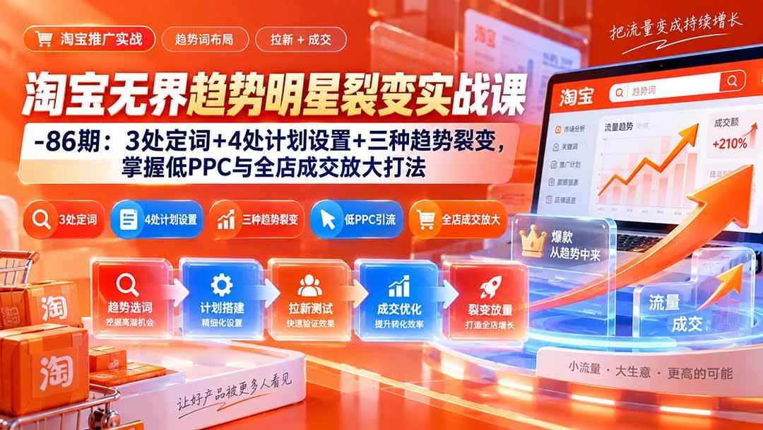 （20320期）淘宝无界趋势明星裂变实战课-86期：3处定词+4处计划设置+三种趋势裂变，掌握低PPC与全店成交放大打法-宝藏屋创业网