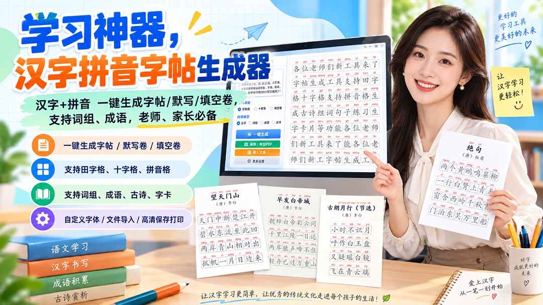 （20299期）学习神器，汉字拼音字帖生成器，汉字+拼音 一键生成字帖/默写/填空卷，支持词组、成语，老师、家长必备-宝藏屋创业网
