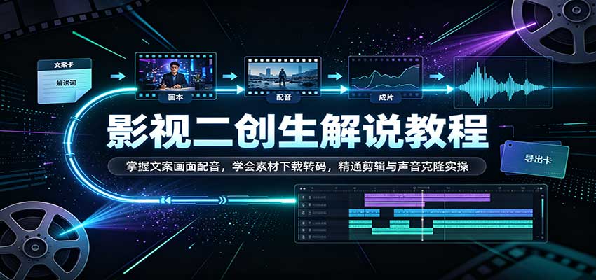 影视二创解说教程：掌握文案画面配音，学会素材下载转码，精通剪辑与声音克隆实操-宝藏屋创业网