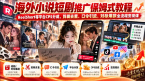 海外小说短剧推广保姆式教程｜ReelShort等平台CPS分成，剪辑去重、口令引流、对标爆款全流程变现课-宝藏屋创业网