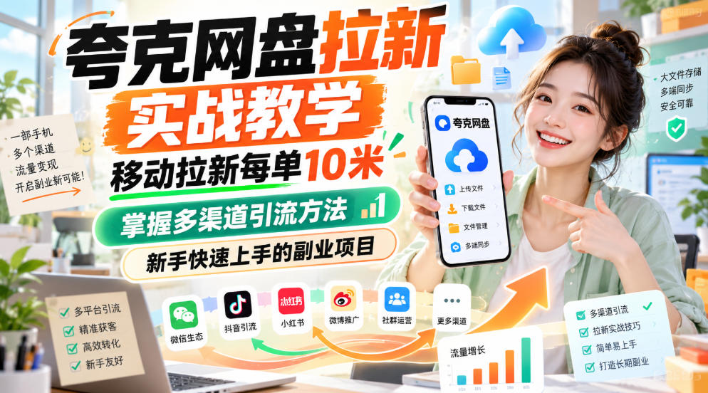 夸克网盘拉新实战教学，移动拉新每单10米，掌握多渠道引流方法，新手快速上手的副业项目-宝藏屋创业网