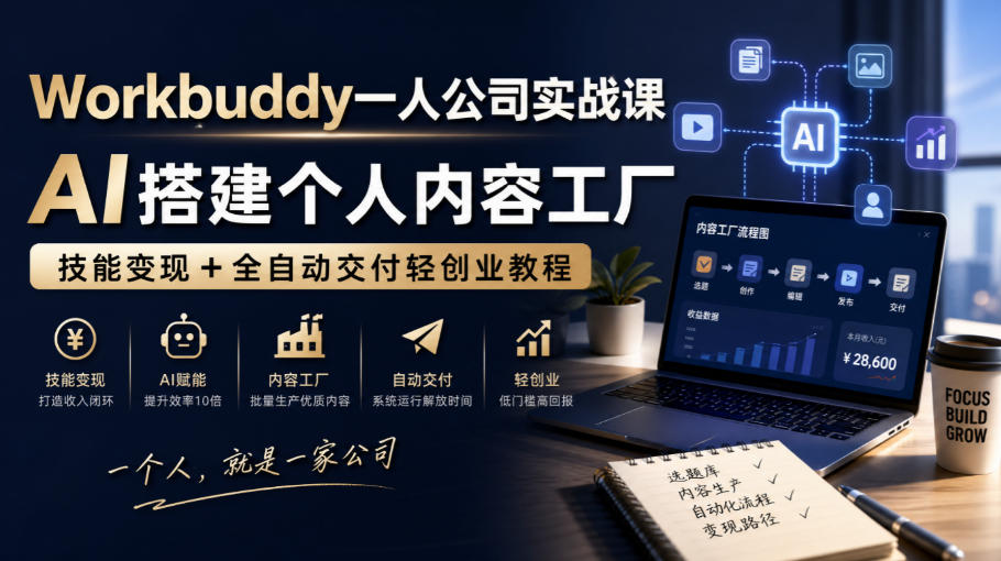 Workbuddy一人公司实战课，AI搭建个人内容工厂，技能变现+全自动交付轻创业教程-宝藏屋创业网