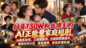 抖音130W粉丝博主的AI正能量家庭短剧,从剧本改写、三视图制作、分镜到剪辑成片,解锁伙伴计划、商单接单、收徒多重收益-宝藏屋创业网
