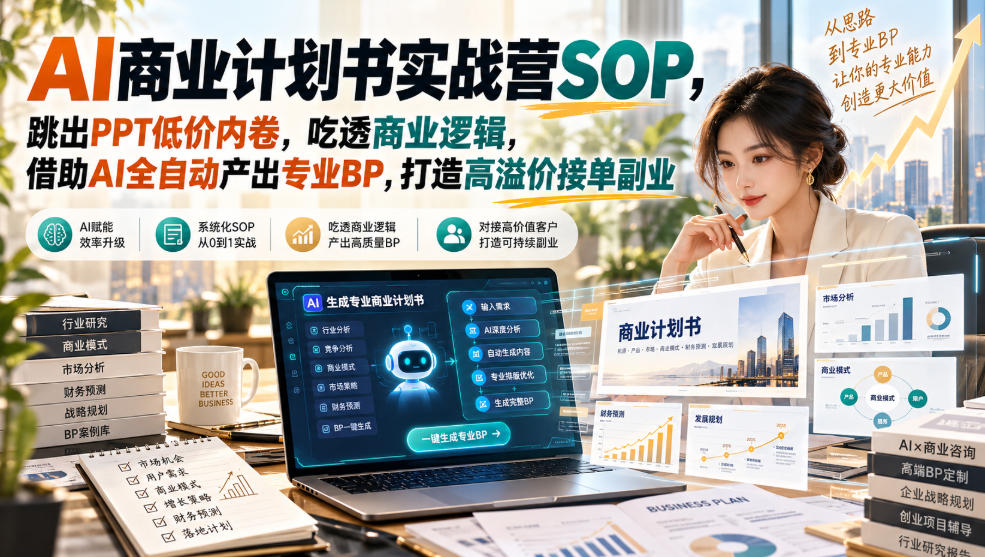 AI商业计划书实战营SOP，跳出PPT低价内卷，吃透商业逻辑，借助AI全自动产出专业BP，打造高溢价接单副业-宝藏屋创业网