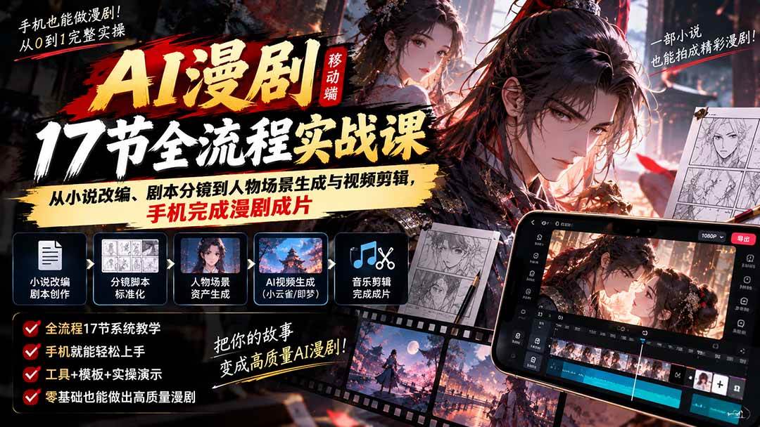 (20624期)AI漫剧移动端17节全流程实战课:从小说改编、剧本分镜到人物场景生成与视频剪辑,手机完成漫剧成片 (20624期)AI漫剧移动端17节全流程实战课:从小说改编、剧本分镜到人物场景生成与视频剪辑,手机完成漫剧成片
