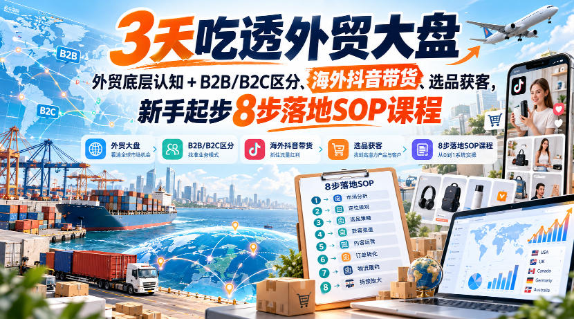 3天吃透外贸大盘，外贸底层认知+B2B/B2C区分、海外抖音带货、选品获客，新手起步8步落地SOP课程-宝藏屋创业网