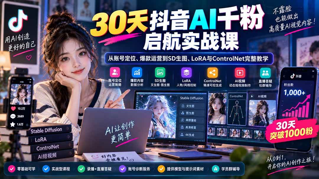 （20291期）30天抖音AI千粉启航实战课：从账号定位、爆款运营到SD生图、LoRA与ControlNet完整教学