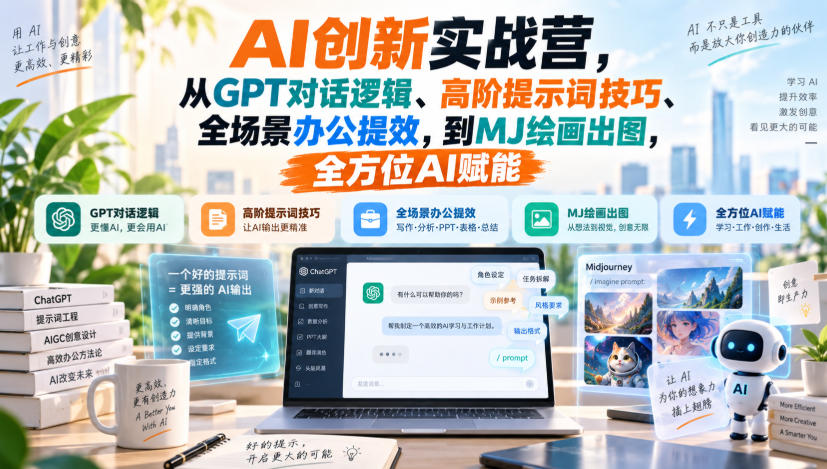 AI创新实战营,从GPT对话逻辑、高阶提示词技巧、全场景办公提效,到MJ绘画出图,全方位AI赋能 AI创新实战营,从GPT对话逻辑、高阶提示词技巧、全场景办公提效,到MJ绘画出图,全方位AI赋能