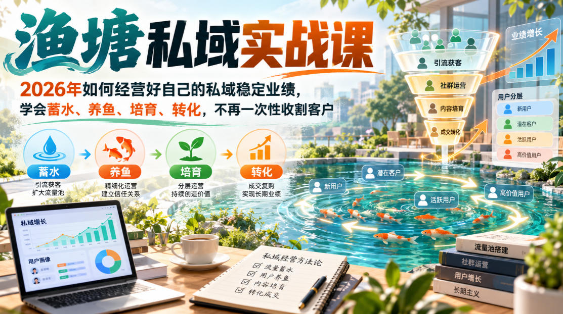渔塘私域实战课，2026年如何经营好自己的私域稳定业绩，学会蓄水、养鱼、培育、转化，不再一次性收割客户-宝藏屋创业网